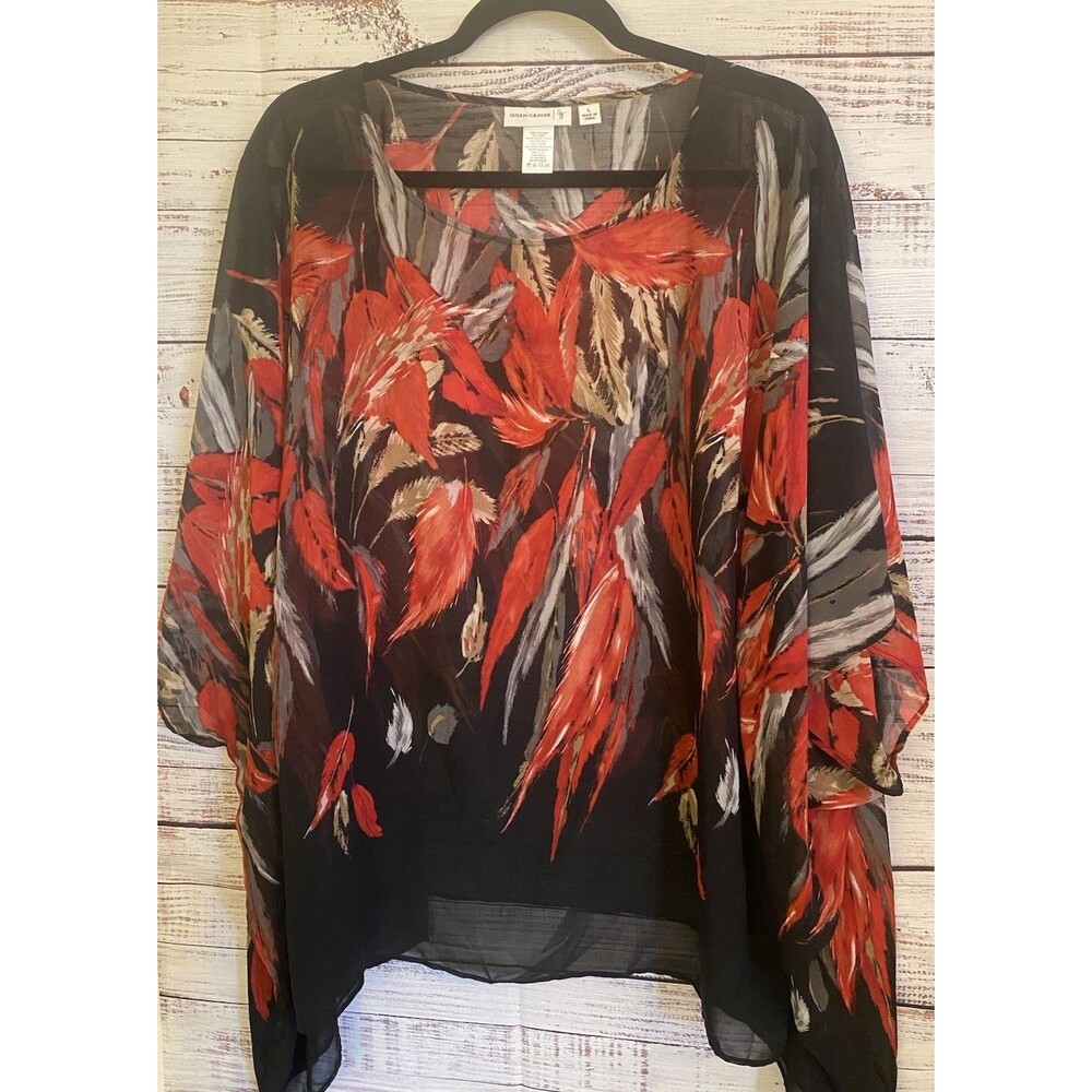 Susan Graver, Women L Black, Red Floral Sheer Chiffon Poncho-Style sheer